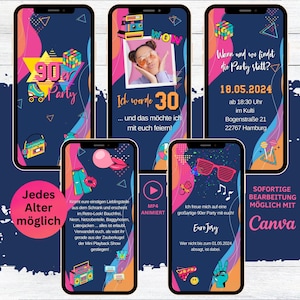 eCard 80er 90er Jahre Mottoparty Einladung | digitale Whatsapp 80s 90s Party Einladungen | animierte Geburtstagseinladung Retro 1990 Feier