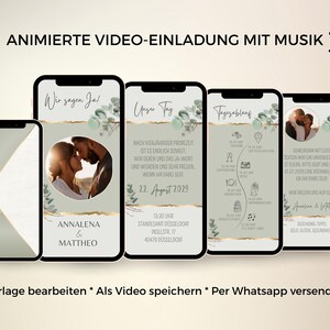 May include: Five smartphones display a digital wedding invitation template featuring eucalyptus leaves, gold accents, and photos of a couple. The screens show text in German, including names Annalena and Mattheo, a schedule, and event details. The design includes a wax seal graphic on the first phone.