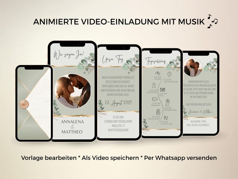 May include: Five smartphones display a digital wedding invitation template featuring eucalyptus leaves, gold accents, and photos of a couple. The screens show text in German, including names Annalena and Mattheo, a schedule, and event details. The design includes a wax seal graphic on the first phone.