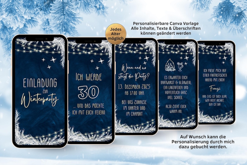 eCARD Winter Party Birthday Invitation for 18th, 20th, 30th, 40th, 50th, 60th | Animated Digital WhatsApp Birthday Invitation Winter Blue White image 2