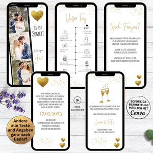 Vídeo de convite de casamento digital eCard para Whatsapp ouro branco | tiras de fotos de convite animadas personalizáveis para salvar a data 3 fotos