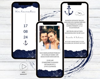 eCard digital maritime wedding invitation video for Whatsapp, customizable animated save the date invitation jeans anchor with photo