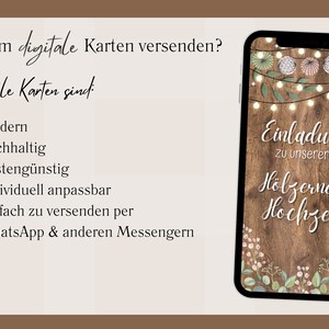 eCard digitale Einladung Hölzerne Hochzeit rustikal für WhatsApp, personalisierbare elektronische Hochzeitstag Einladung Holz Licht mit Foto Bild 3