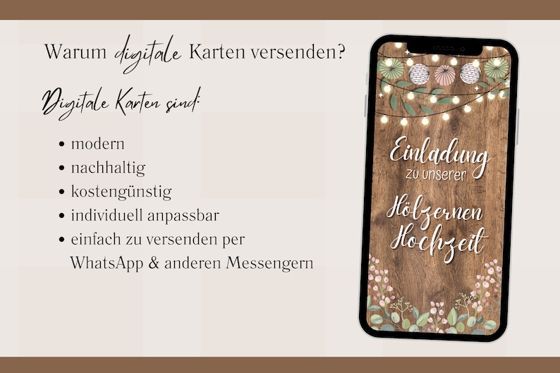 ECard digitale Einladung Hölzerne Hochzeit rustikal für WhatsApp