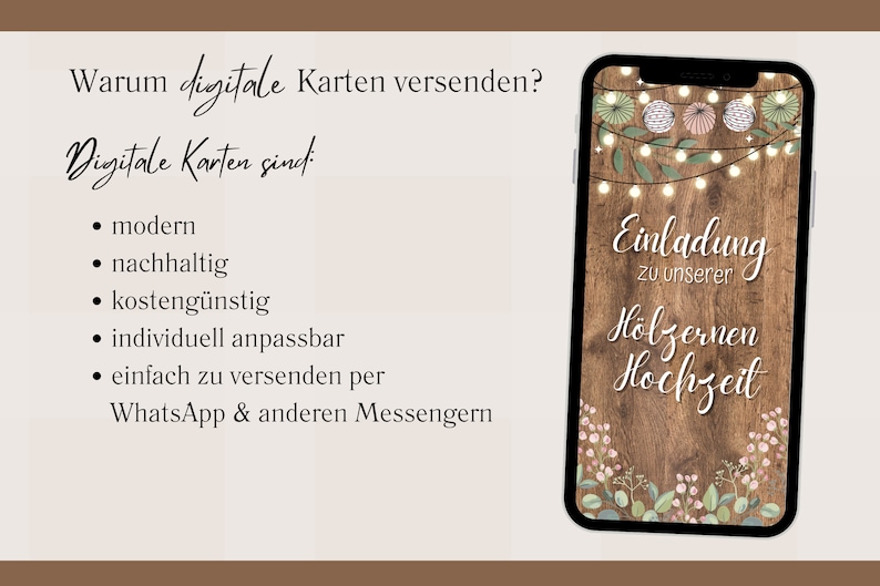 eCard digitale Einladung Hölzerne Hochzeit rustikal für WhatsApp, personalisierbare elektronische Hochzeitstag Einladung Holz Licht mit Foto Bild 3