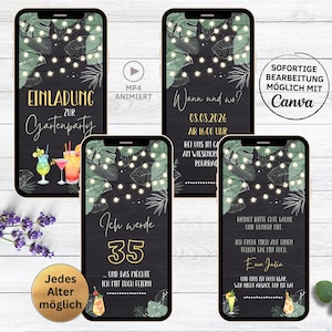 Tableau d’invitation d’anniversaire numérique Garden Party Cocktails | Carte d'invitation à une fête d'été WhatsApp eCard personnalisable, feuilles vertes