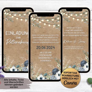 Carta kraft per invito digitale eCard per addio al nubilato per WhatsApp | Invito animato per addio al nubilato con fiori blu | Matrimonio addio al celibato | Pre-matrimonio