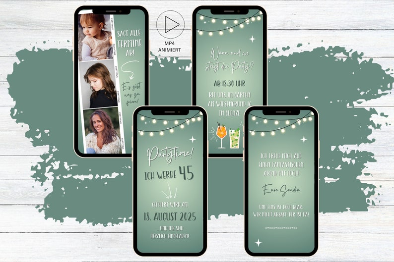 eCARD birthday party invitation photo strips green cocktails for 20th 30th 40th 50th 60th animated WhatsApp birthday invitation image 1