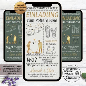 Op de afbeelding: Een digitale uitnodiging in groen en goud voor een Polterabend, een Duits pre-huwelijksfeest. De uitnodiging toont een stel met bezems, een datum, tijd en locatie. De tekst luidt "Scherben bringen Glück", wat "Scherven brengen geluk" betekent in het Nederlands. De tekst zegt ook "Lasst es krachen", wat "Laat het knallen" betekent in het Nederlands. De uitnodiging is aanpasbaar met Canva.