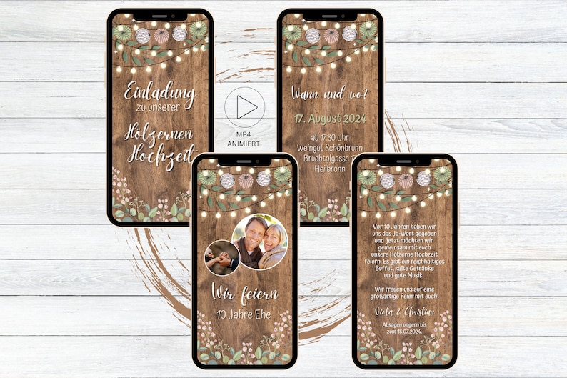 eCard digital invitation Wooden wedding rustic for WhatsApp, personalized electronic wedding anniversary invitation wood light with photo image 1