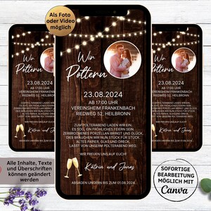 Invitation numérique eCard pour enterrement de vie de jeune fille rustique pour WhatsApp | Invitation personnalisable pour enterrement de vie de jeune fille, guirlande lumineuse en bois foncé avec photo