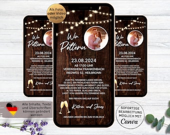 Tarjeta electrónica de invitación digital para despedida de soltera rústica para WhatsApp | Invitación de despedida de soltera personalizable con luces de hadas de madera oscura y foto