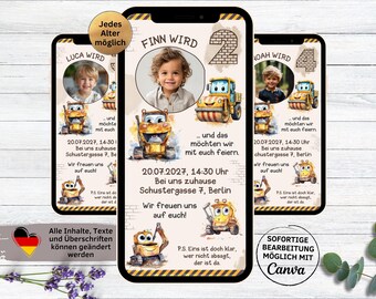 Digital invitation for a children's birthday party with an excavator | Birthday boy construction site | Personalized WhatsApp invitation | eCard template for Canva
