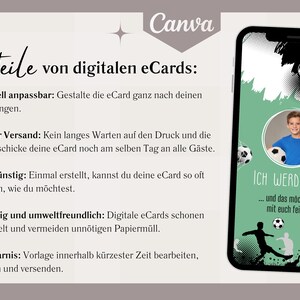 Op de afbeelding: Een groene en witte digitale uitnodiging voor een 10e verjaardagsfeest. De uitnodiging toont een voetbal in een net, een jongen in een voetbaltenue en de tekst "ICH WERDE 10... und das m&ouml;chte ich mit euch feiern."