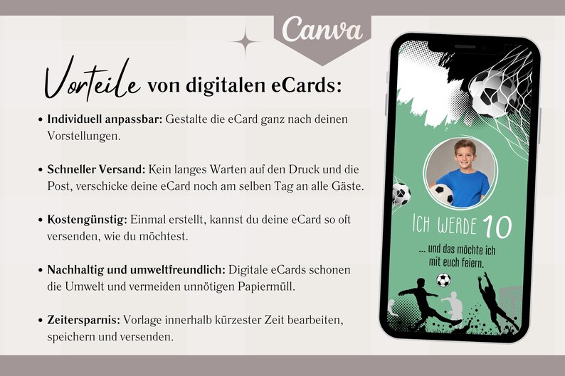 Op de afbeelding: Een groene en witte digitale uitnodiging voor een 10e verjaardagsfeest. De uitnodiging toont een voetbal in een net, een jongen in een voetbaltenue en de tekst "ICH WERDE 10... und das m&ouml;chte ich mit euch feiern."