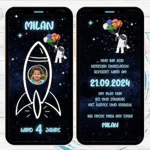 Invitation children's birthday neon space astronaut with balloons, digital WhatsApp birthday invitation with photo boy