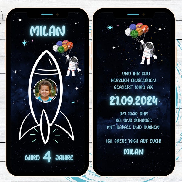 Einladung Kindergeburtstag neon Weltraum Astronaut mit Luftballons, digitale WhatsApp Geburtstagseinladung mit Foto Junge