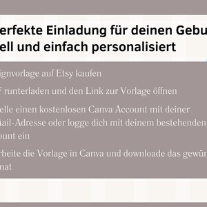 May include: A graphic with text in German, promoting a birthday invitation template. It includes instructions on how to purchase the template on Etsy, download a PDF, and edit it in Canva. A Canva logo is visible.