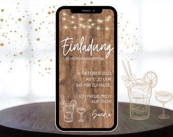 Digitale Einladung zum Geburtstag Cocktails Holz, Ecard zum Versenden per WhatsApp, Handyeinladung - Wood and Light