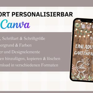 Pode incluir: Uma ilustra&ccedil;&atilde;o digital de uma tela de telefone mostrando um convite personaliz&aacute;vel para uma festa no jardim. O convite apresenta um fundo de madeira com luzes de corda, flores e uma churrasqueira. O texto no convite diz "Einladung zur Gartenparty".