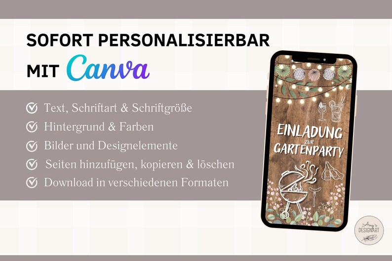 Pode incluir: Uma ilustra&ccedil;&atilde;o digital de uma tela de telefone mostrando um convite personaliz&aacute;vel para uma festa no jardim. O convite apresenta um fundo de madeira com luzes de corda, flores e uma churrasqueira. O texto no convite diz "Einladung zur Gartenparty".