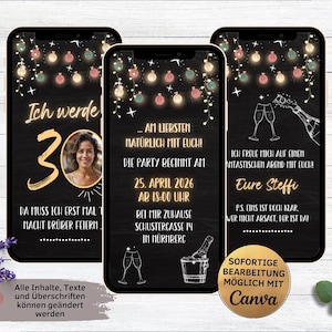 Invitación de cumpleaños con luces de neón de colores | Tabla de vino espumoso para los días 20 30 40 50 60 | Invitación animada de cumpleaños de WhatsApp con foto mujer hombre