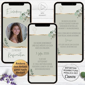 Carte d'invitation numérique pour confirmation croix d'or vert eucalyptus | Communions | Première communion | Invitation animée de confirmation avec photo