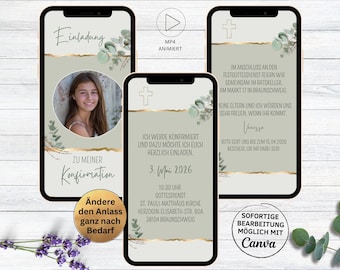 Digital invitation card for confirmation eucalyptus green gold cross | communion | first communion | confirmation animated invitation with photo