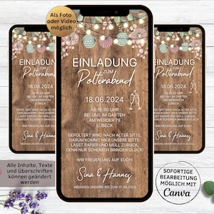 eCard digitale Einladung Polterabend rustikal für WhatsApp | personalisierbare elektronische Polterabendeinladung Holz Lampions Gartenfest