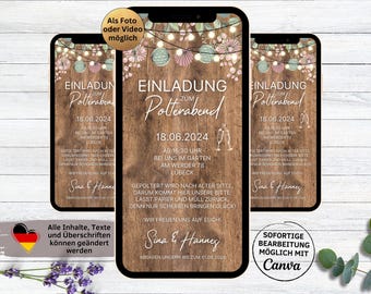 Tarjeta electrónica de invitación digital para despedida de soltera rústica para WhatsApp | Invitación electrónica personalizable para despedida de soltera, farolillos de madera, fiesta en el jardín