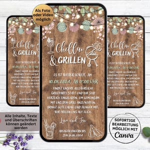 Digital garden party barbecue party invitation wood colorful flowers | eCard WhatsApp invitation chill and grill rustic | Wood and Light Garden