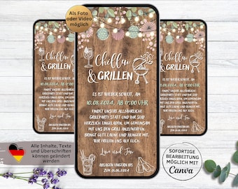 Digital garden party barbecue party invitation wood colorful flowers | eCard WhatsApp invitation chill and grill rustic | Wood and Light Garden