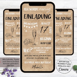 Digitale Geburtstagseinladung Brunch Sekt Frühstück schwarz weiß Kraftpapier | Foto eCard zum Versenden per Whatsapp | Brunchtime Mann Frau