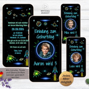 Digitale uitnodigingsruimte kinderverjaardag neon | Whatsapp uitnodigingskaart astronaut voor verjaardag | eCard voor jongen met foto-UFO-raket