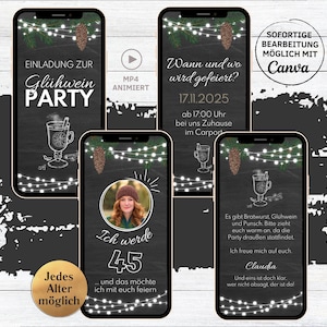 eCard Glühwein Uitnodiging voor het Feest van Blackboard | digitale WhatsApp uitnodigingskaart voor glühweinviering | geanimeerde, aanpasbare glühweinfeestkaart