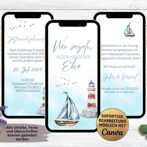 Invitation de mariage numérique sur le thème nautique pour WhatsApp | Faire-part « Save the Date » : voilier et phare | Mariage en bord de mer | Bateau