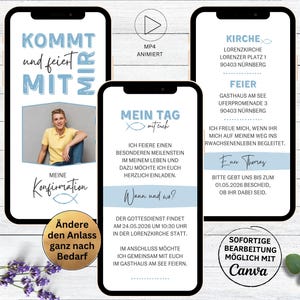 Einladung für Konfirmation Fisch digital | Kommunion | Firmung | Erstkommunion | animierte Whatsapp Einladungskarte mit Foto hellblau weiß