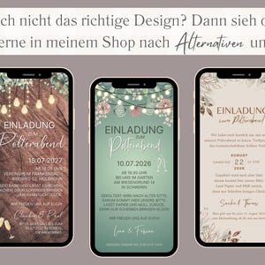 Puede incluir: Tres maquetas de pantalla de tel&eacute;fono digital con diferentes dise&ntilde;os para una invitaci&oacute;n de boda o de despedida de soltera. El primer dise&ntilde;o presenta un fondo de madera r&uacute;stico con luces de cadena y el texto "Einladung zum Polterabend 15.07.2027". El segundo dise&ntilde;o presenta un fondo verde con luces de cadena y el texto "Einladung zum Polterabend 10.07.2026". El tercer dise&ntilde;o presenta un fondo beige con acentos florales y el texto "Einladung zum Polterabend".