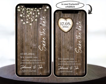 Digitale eCard Hochzeitseinladung Holz Template, rustikale personalisierbare Save the date Einladung zum Versenden per Whatsapp