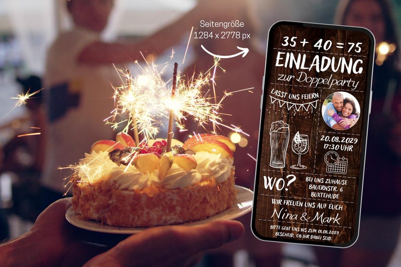 Rustic digital invitation for a double birthday party | Double birthday invitation card for 70th, 80th, 90th, 100th, 110th birthdays, dark wood with photo | Double party image 4