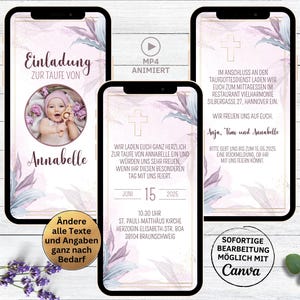 Einladung Taufe digital Blätter Pastell Gold | Einladungskarte Taufgottesdienst zum Versenden per WhatsApp | eCard Taufeinladung mit Foto
