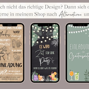 Pode incluir: Tr&ecirc;s designs diferentes de tela de telefone para um convite de festa. O primeiro design &eacute; um fundo marrom com uma ilustra&ccedil;&atilde;o desenhada &agrave; m&atilde;o de uma grelha, uma caneca de cerveja e o texto "Lasst uns feiern Markus wird Grilllparty 13.07.2024 18:00 Uhr Einladung Wo? Bei mir Zuhause Bitte gebt mir bis zum 02.07.2024 Bescheid, ob ihr dabei seid.". O segundo design &eacute; um fundo preto com texto branco que diz "Es wird Zeit f&uuml;r eine Party Denn es gibt was zu feiern!" com uma corda de luzes e folhas verdes. O terceiro design &eacute; um fundo verde com texto branco que diz "Einladung zur Gartenparty" com uma corda de bandeiras e dois coquet&eacute;is.