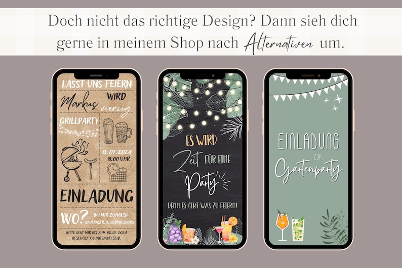 Pode incluir: Tr&ecirc;s designs diferentes de tela de telefone para um convite de festa. O primeiro design &eacute; um fundo marrom com uma ilustra&ccedil;&atilde;o desenhada &agrave; m&atilde;o de uma grelha, uma caneca de cerveja e o texto "Lasst uns feiern Markus wird Grilllparty 13.07.2024 18:00 Uhr Einladung Wo? Bei mir Zuhause Bitte gebt mir bis zum 02.07.2024 Bescheid, ob ihr dabei seid.". O segundo design &eacute; um fundo preto com texto branco que diz "Es wird Zeit f&uuml;r eine Party Denn es gibt was zu feiern!" com uma corda de luzes e folhas verdes. O terceiro design &eacute; um fundo verde com texto branco que diz "Einladung zur Gartenparty" com uma corda de bandeiras e dois coquet&eacute;is.