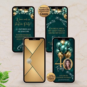 Digital Birthday Invitation Green Gold | Elegant Invitation with Envelope Effect | Canva Template | 30th 40th 50th 60th Birthday | Party Invitation image 1