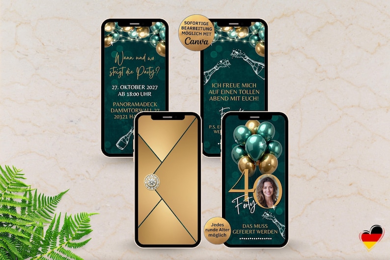Digital Birthday Invitation Green Gold | Elegant Invitation with Envelope Effect | Canva Template | 30th 40th 50th 60th Birthday | Party Invitation image 1