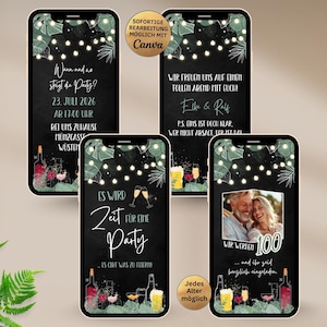 Convite digital para festa de aniversário dupla com bebidas e festa no jardim | Cartão de convite para festa dupla com coquetéis, cerveja e vinho espumante | Aniversário duplo | Dois motivos
