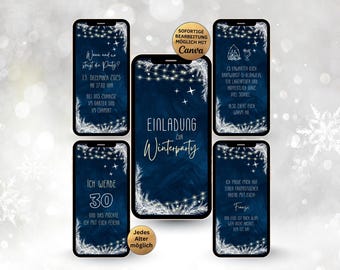 Convite de aniversário digital animado para festa de inverno, para aniversários de 18, 20, 30, 40, 50 e 60 anos | Convite de aniversário digital para WhatsApp em tons de azul e branco.