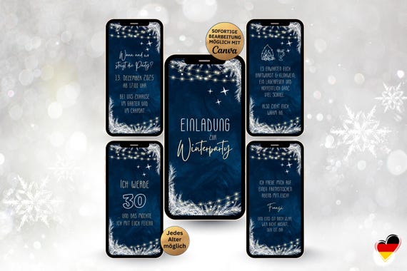 eCARD Winterparty Geburtstags Einladung für 18. 20. 30. 40. 50. 60. | animierte digitale WhatsApp Geburtstagseinladung Winter blau weiß