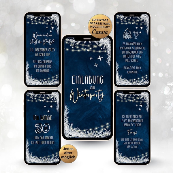 eCARD Winter Party Birthday Invitation for 18th, 20th, 30th, 40th, 50th, 60th | Animated Digital WhatsApp Birthday Invitation Winter Blue White