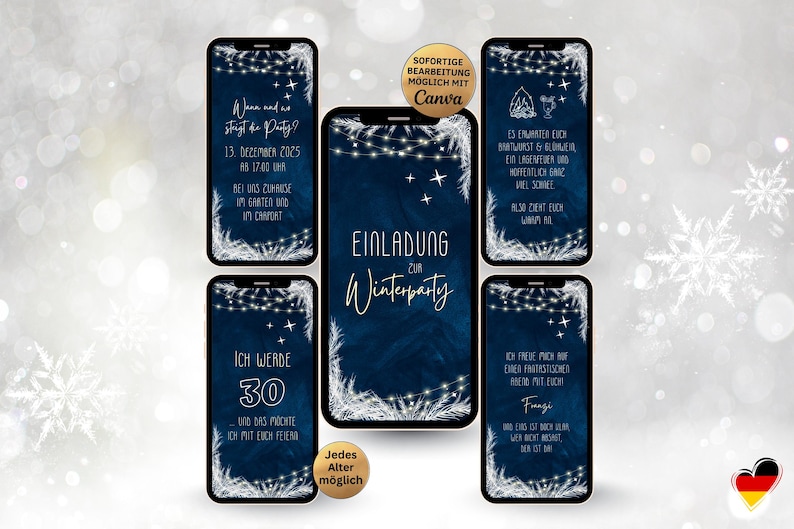 eCARD Winter Party Birthday Invitation for 18th, 20th, 30th, 40th, 50th, 60th | Animated Digital WhatsApp Birthday Invitation Winter Blue White image 1
